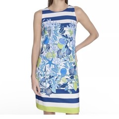 Eliza J Coastal Coral Print Piqué Shift Dress Blue Lime Size 8