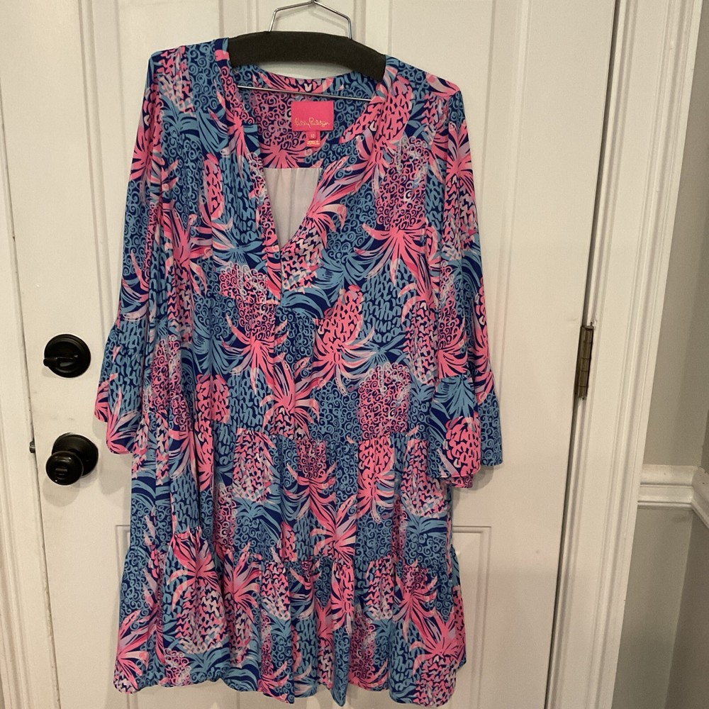 Lilly Pullizer Gabriel Borealis Blue Tropic Down Low Dress, Size 12