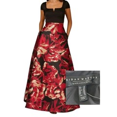 Aidan Mattox Adrianna Papell Sz 8 Red Black Floral Jacquar Formal Gown Dress
