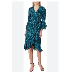Diane von Furstenberg Carli Silk Wrap Dress Teal Black Leopard Ruffle Midi 8