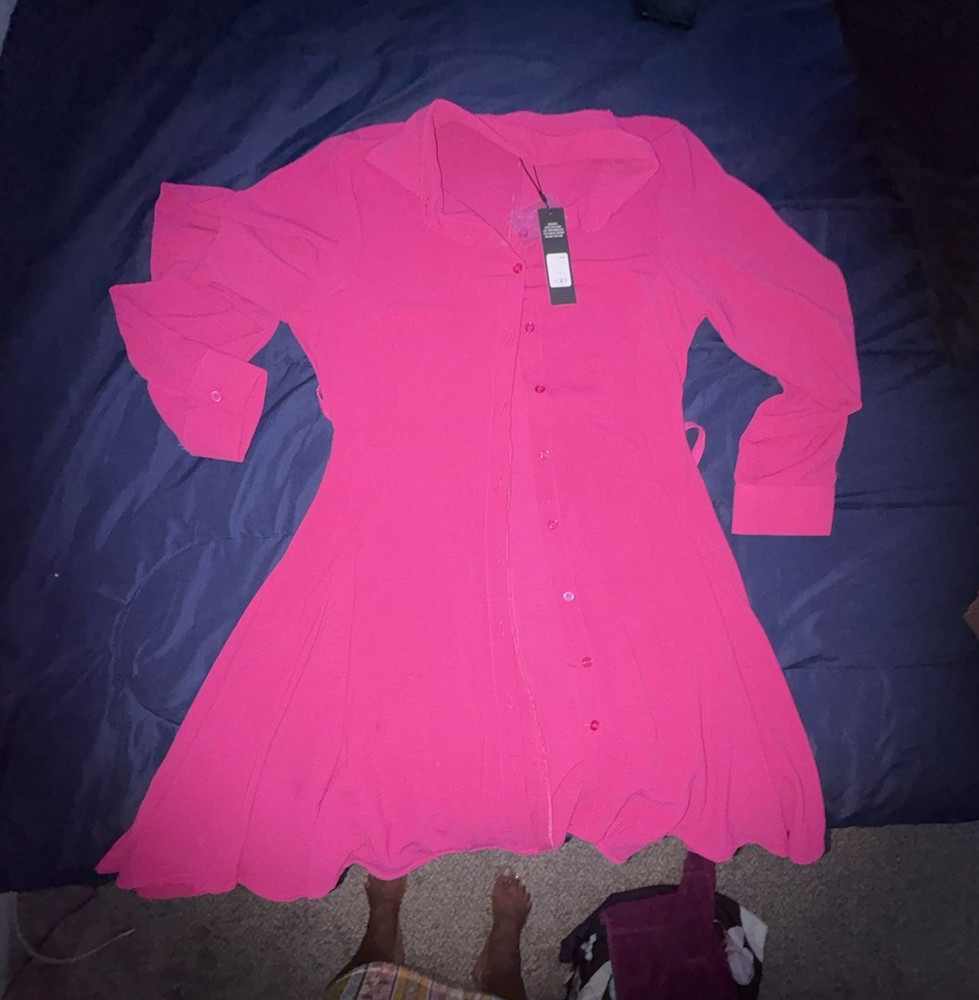 Women’s Pink Solid Collared Long Sleeve Button Front Shirt Dress Short M