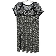 Max Studio Womens Dress Large Green White Black Short Sleeve Stretch Geometric