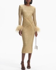 Self-Portrait Ladies Gold Rhinestone Feather Midi Dress Round Neck Slim Dress