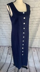 Southern Lady Long Pearls Buttons Front Dress Sleeveless Linen Rayon Womens 6.
