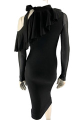 FUZZI Asymmetrical Cold-Shoulder Ruffle Midi Sheer Tulle Black Sheer Dress Small