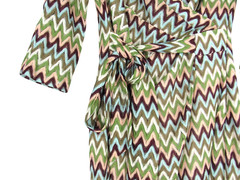 KARLIE Lined CROCHET Green/Brown/Teal CHEVRON Deep V-Neck FAUX WRAP DRESS Sz M