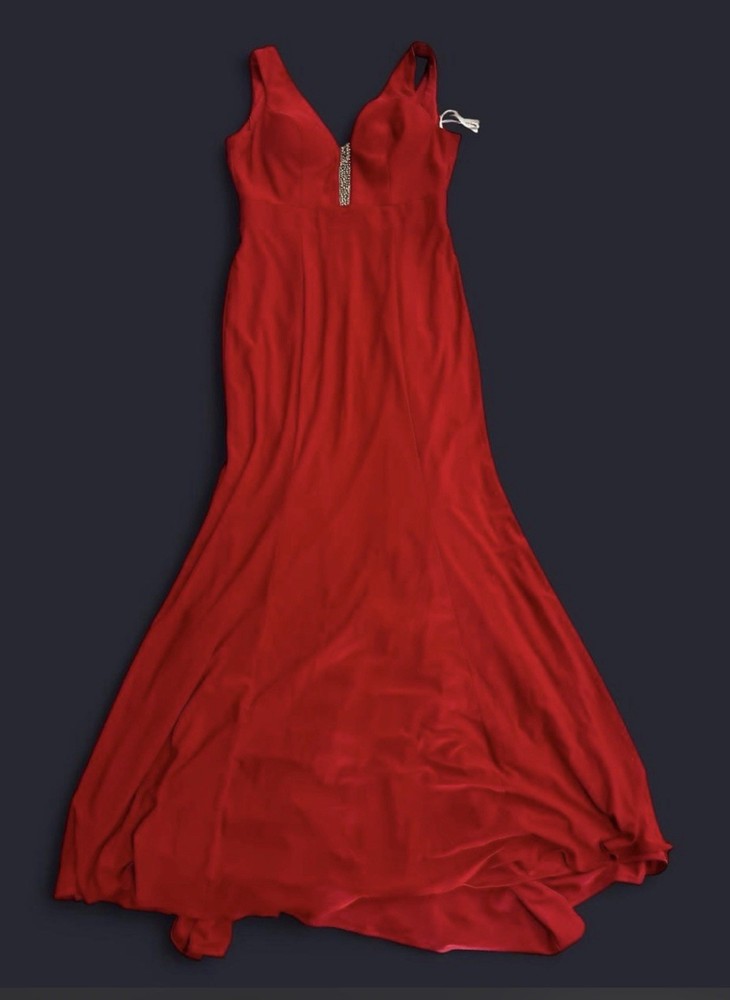 Red Satin V-Neck Sleeveless Lined Long Formal Gown Dress Solid Size S