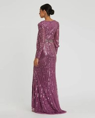 Mac Duggal Raspberry Purple Sequin Beaded Long Sleeve Sheath Gown Size 14 $598