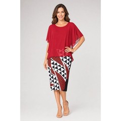 Women&rsquo;s L Red Chiffon Cape Top Geometric Print Stretch Bodycon Sheath Dress