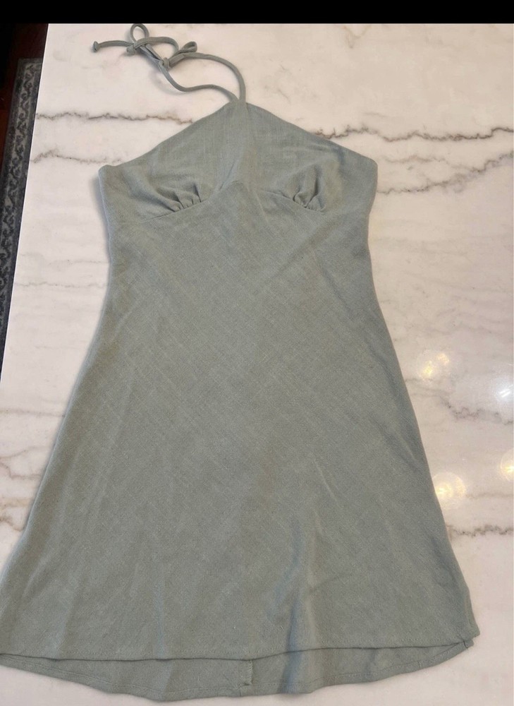 Altar&rsquo;d State Green Solid Halter Mini Dress Woven Rayon Linen Zip Back M