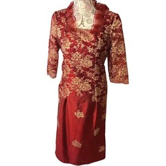 Red Gold Floral Lace Cheongsam Dress Mandarin Collar Style Evening SZ 6/8 Holida