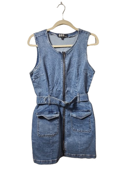 REWASH Recycled Zip Front Sz S StretchDenim Jean Dress Buckle Belt Patch Pockets