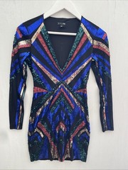EXPRESS Black Multicolor Sequin Mini Dress V Neck Stretch Long Sleeves Size XS
