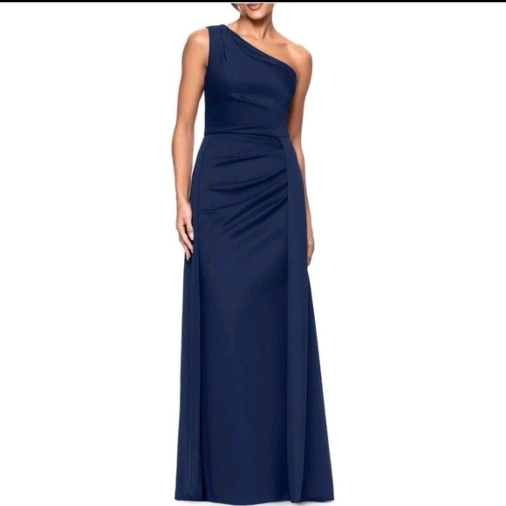 Xscape Midnight Blue One-Shoulder Scuba Crepe Evening Gown Size 12 $268