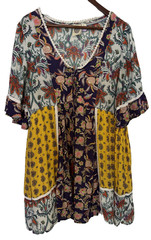 Anthropologie PATCHWORK TRAPEZE MINI DRESS Lilka Babydoll cottage core yellow XL