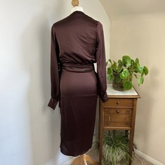 Never Fully Dressed Chocolate Coco Wrap Dress Size 10 Satin Minimalist Elegant