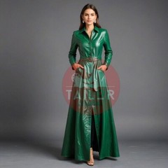 Women&rsquo;s Green Leather Wedding Maxi Dress Handmade Genuine Lambskin Dress Lady
