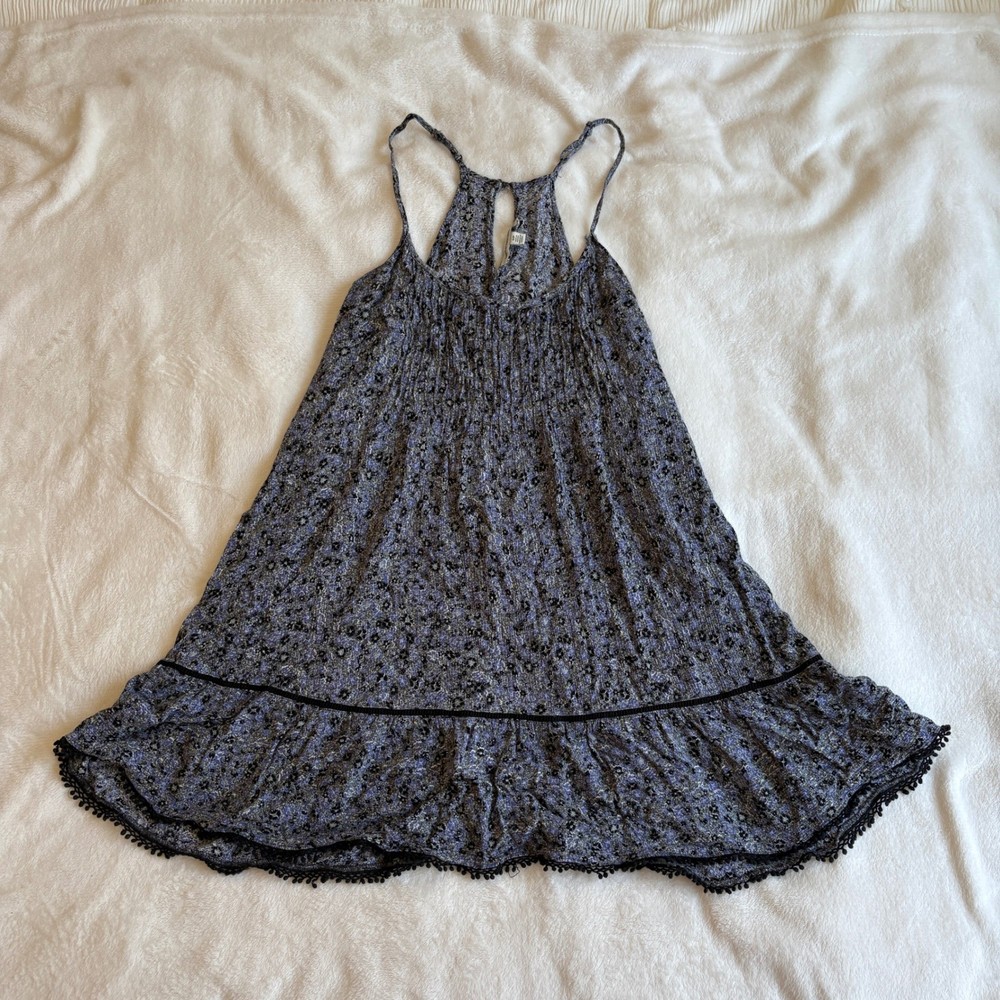 American Eagle Floral Racerback Mini Dress Purple Boho Pom Pom Trim Small
