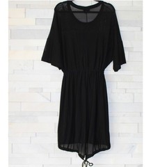CITY CHIC Sheer Mesh Overlay Drawstring Waist/Hem Stretch Midi Dress Black M/18