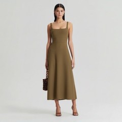 Scanlan Theodore Square Neck Midi Dress Size Large L Khaki Crepe Knit