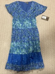 Jane Ashley 1X Light 100% Cotton Maxi Dress Blue Green Tiers Elastic Waist Lined