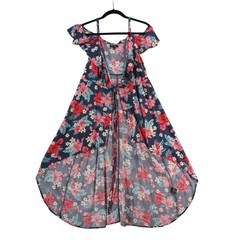 New Look Womens Blue Floral High Low Cold Shoulder Ruffle Dress Size M Tropical