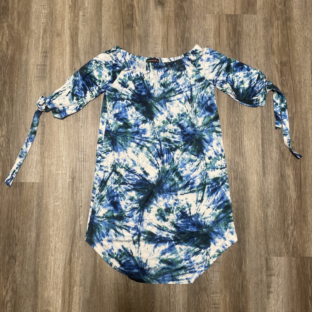 Absolutely Love It! Medium Blue White Tie Dye Off Shoulder Short Sleeve Dress