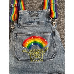 SpongeBob SquarePants Rainbow Denim Overall Dress Womens Medium Light Wash Blue