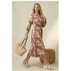 Parisian M&M NWT Tropical Leaf Maxi Dress m 100% Cotton Pink Green Long Slv $158