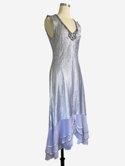 Komarov Blue gray charmeuse beaded layered slip dress 1920s delicate dreamy L