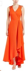 Halston Heritage Dress Multi Strap Sleeve V-Neck Gown With Flows Skirt
