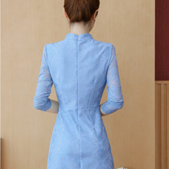 Women Long Sleeve A-line Qipao Lace Mini Dress Floral Embroidery Cheongsam