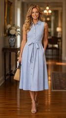 $119 NWT Anne Klein Blue White Stripe Seersucker Midi Length Shirt Dress Size 16