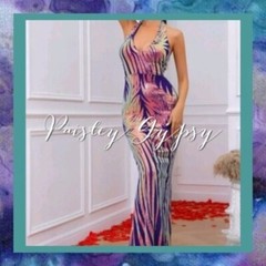 RANDOM PRINT, HALTER, SEQUINED MERMAID MAXI