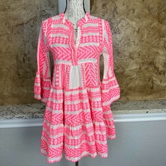 Devotion Twins Ella Mini Dress XS Tiered Geometric Bohemian Neon Pink White
