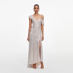 Self Portrait CHAMPAGNE RHINESTONE RUFFLE DRAPED DRESS $ 1030 Size US 2 UK 6