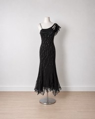 Y2K Vintage Black Silk Dress with White Floral Beaded Size Small