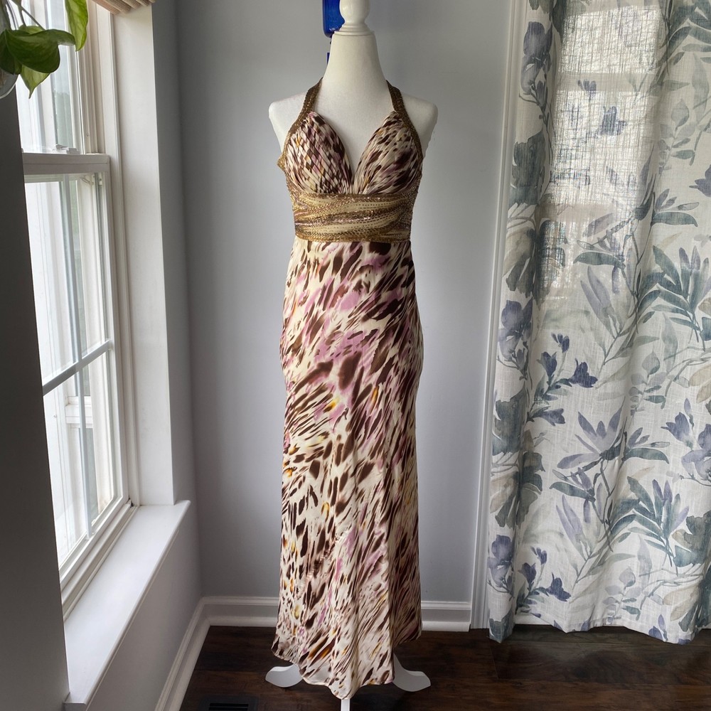 Vtg Y2K Animal Print Beaded Open Back Evening Prom Dress Maxi Gown XS Fairycore