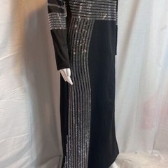 Black Stripe Rhinestone Long-Sleeve Maxi Dress High Slit Formal Dress XL