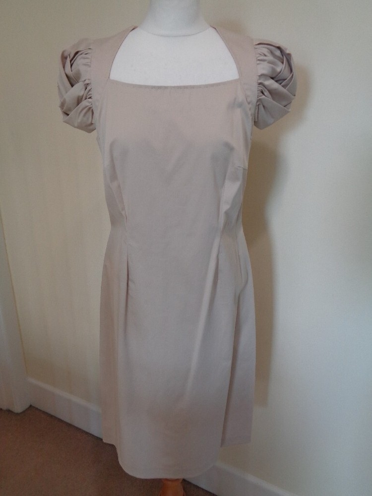 BARBARA SCHWARZER BEIGE COTTON PUFF SLEEVE DRESS WITH SQUARE NECK – SIZE 14 (40)