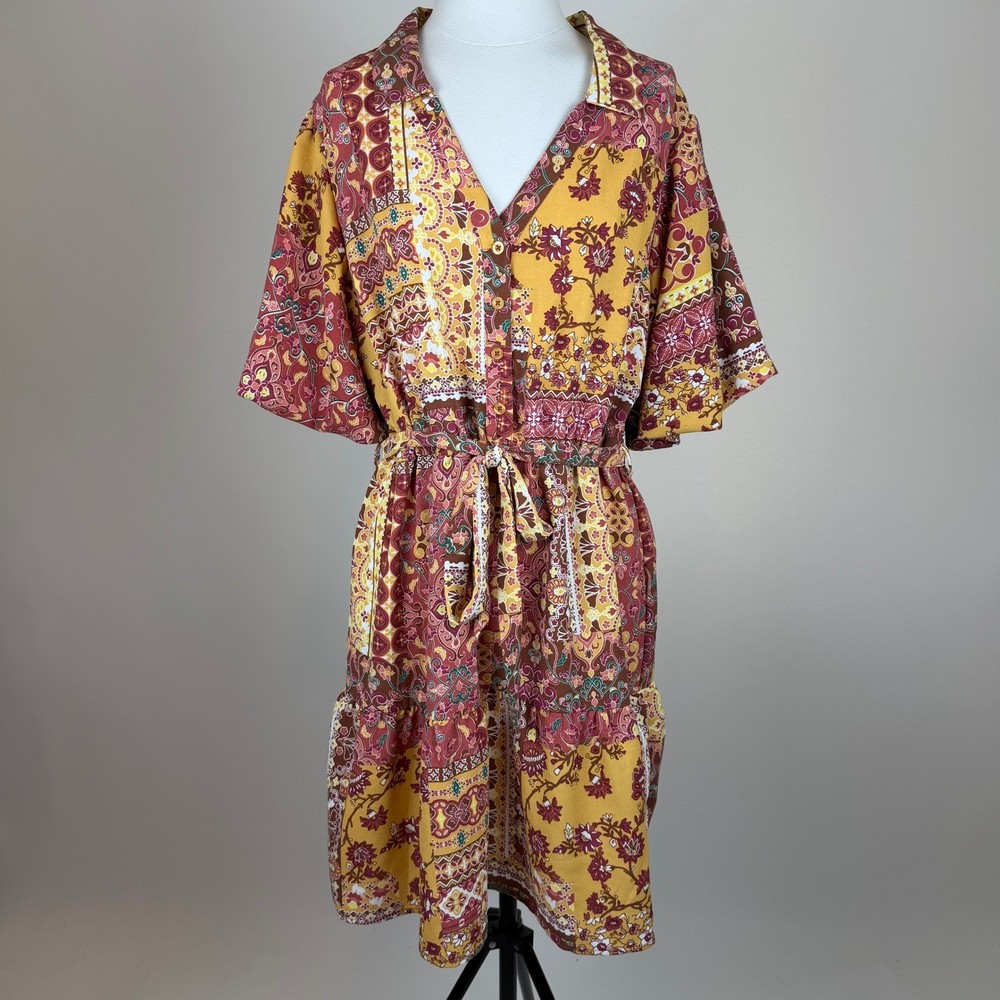 NWT Absolutely Famous Multicolor Rust Combo Patchwork Shirt Dress Sz Large Boho