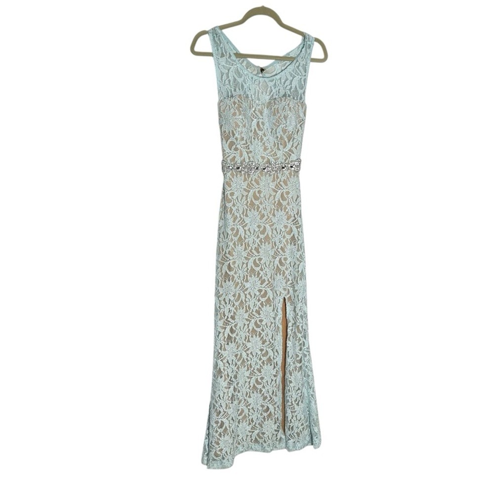 Deb 2000’s Lace Overlay Blue Open Back Cut Out Rhinestone Formal Maxi Dress 7