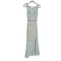 Deb 2000’s Lace Overlay Blue Open Back Cut Out Rhinestone Formal Maxi Dress 7
