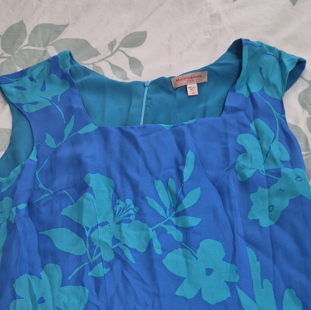 Mannequines Blue Teal Floral Square Neck Sleeveless Shift Silk Lined 14