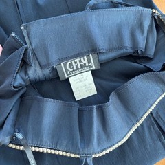 90s Vintage City Triangles Shimmer Satin Blue Dress Rhinestone Neckline Size 5