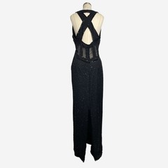 Vintage 90s Scala Silk black beaded sequin sheer panel cross back gown formal L