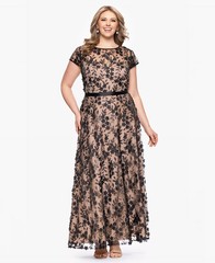 Xscape Plus Size Ball Gown 18W Black Nude Mesh Embellished 3D Flower NWT FLAW!!