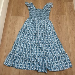 Hill House Home The Nap Dress Blue Floral Smocked Ruffle Midi Dress Womens M