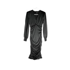 Women&rsquo;s S Black Solid Bodycon Knee Dress Long Sleeve V-Neck Ruched Zip