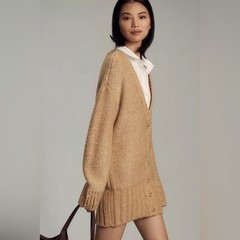 Anthropologie Maeve Sparkle Layered Cardigan Sweater Mini Dress Size M Tan NEW